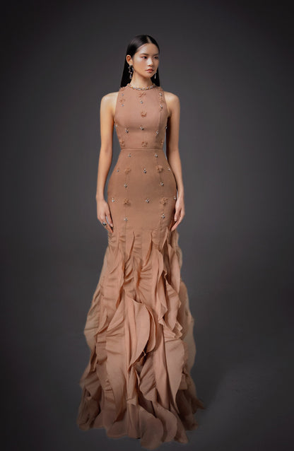 Potter Mermaid Jewel Neck Organza Floor Length Dress