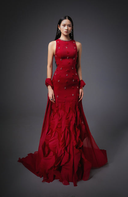 Potter Mermaid Jewel Neck Organza Floor Length Dress