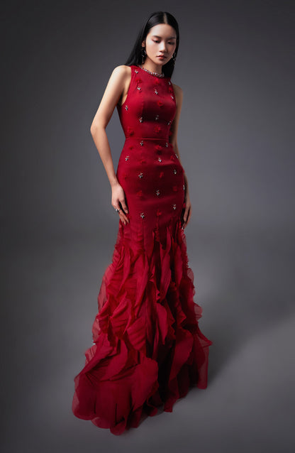Potter Mermaid Jewel Neck Organza Floor Length Dress