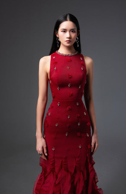 Potter Mermaid Jewel Neck Organza Floor Length Dress