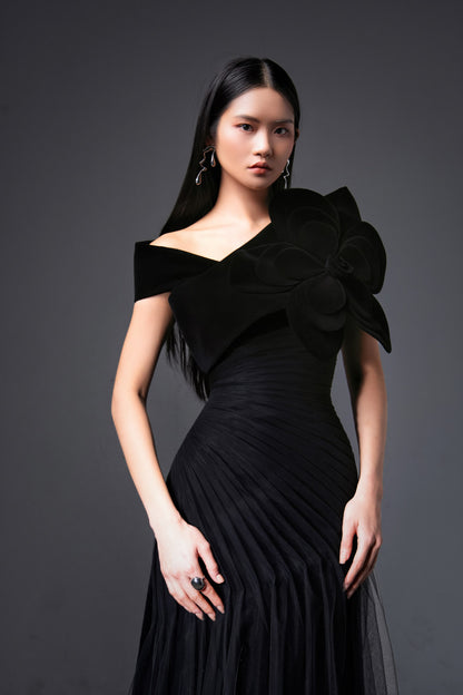 Lester A-line Side Pleated Polyester Floor Length Dress