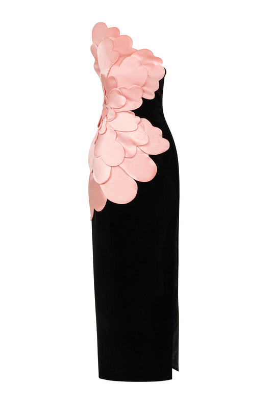 Vera Asymmetric Neck Applique Maxi Dress