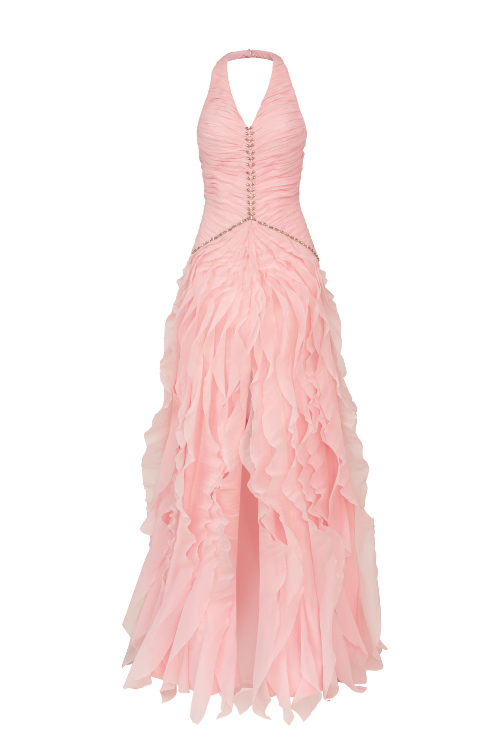 Cascade Halter Ruffle Maxi Dress