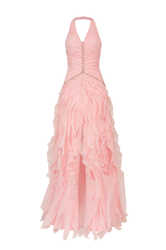 Cascade Halter Ruffle Maxi Dress