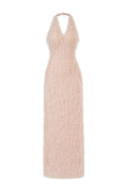 Celeste Halter Feather Maxi Dress