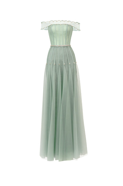 Jayleen Gored Off-Shoulder Organza Maxi Dress