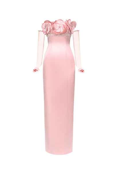 Alexia Sheath Flower Applique Taffeta Maxi Dress