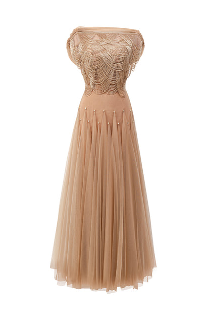 Alondra Gored Boat Neck Mesh Maxi Dress