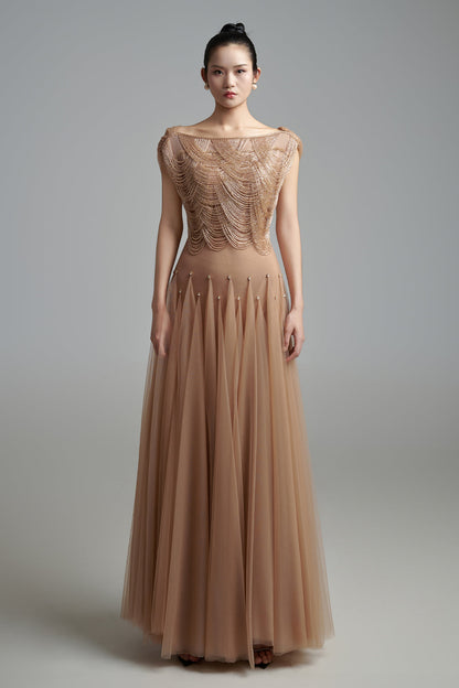 Alondra Gored Boat Neck Mesh Maxi Dress