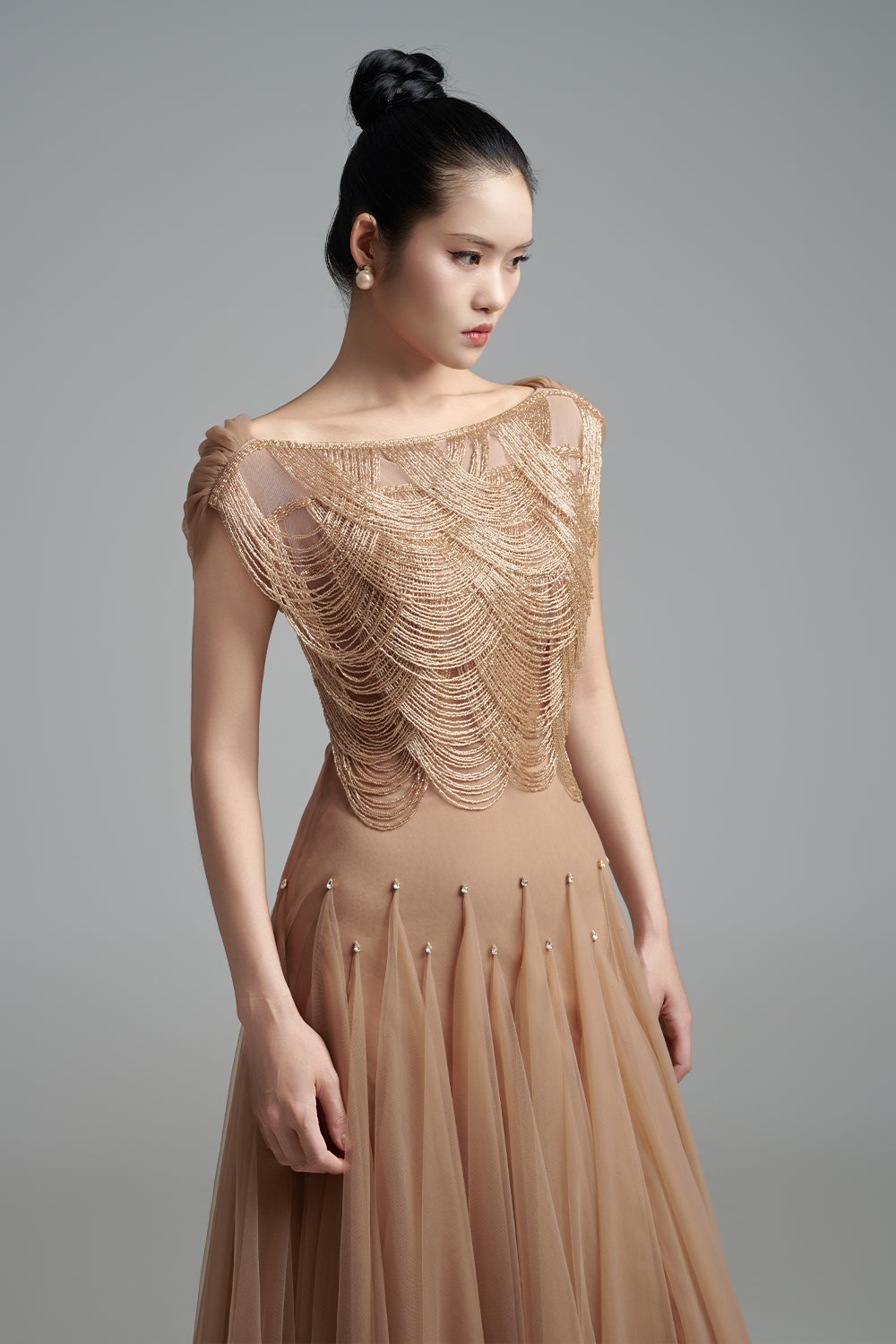 Alondra Gored Boat Neck Mesh Maxi Dress