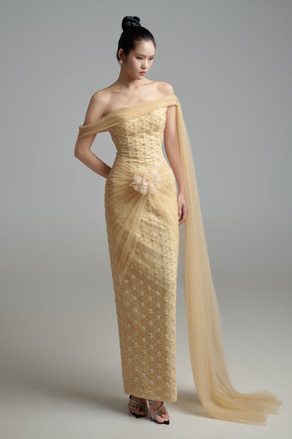 Bridget Pegged Off-Shoulder Polyester Maxi Dress
