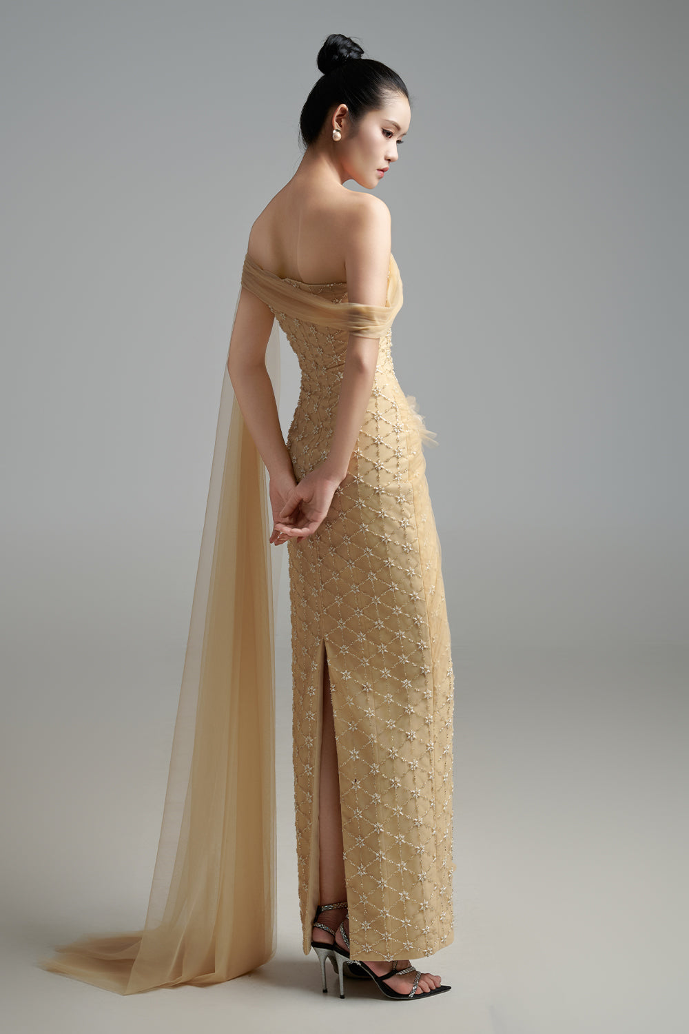 Bridget Pegged Off-Shoulder Polyester Maxi Dress