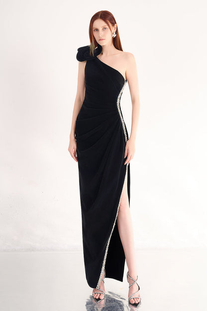 Diana Asymmetric Draped Velvet Maxi Dress