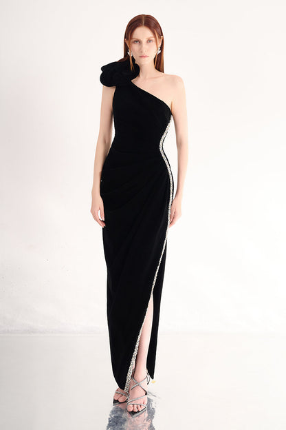 Diana Asymmetric Draped Velvet Maxi Dress