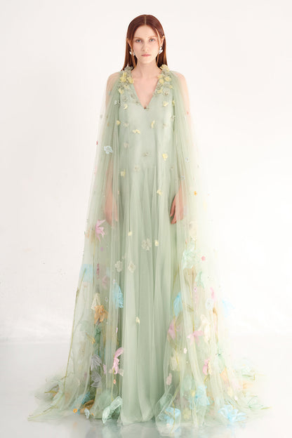 Kaia Trapezoid Cape Sleeved Polyester Maxi Dress