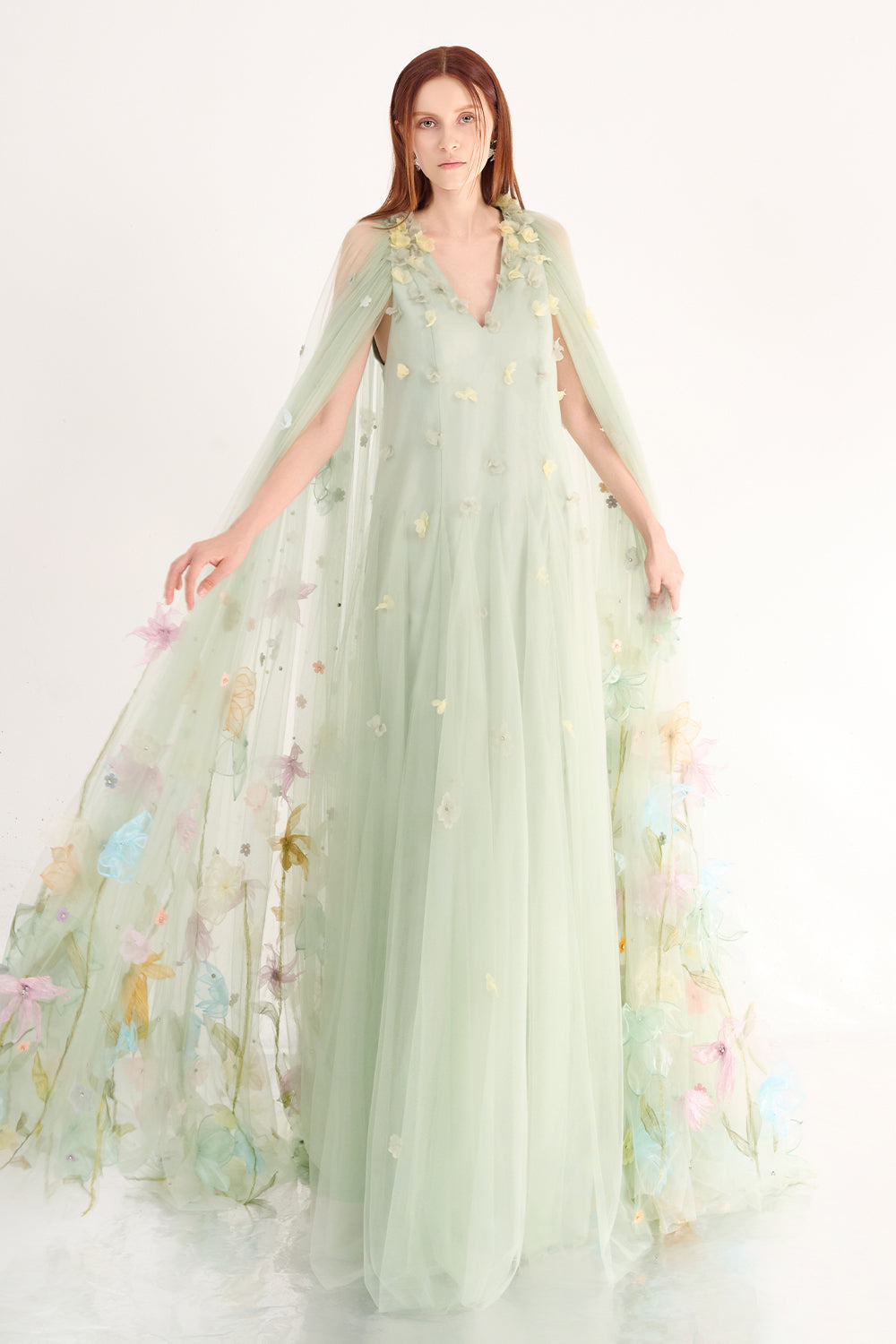 Kaia Trapezoid Cape Sleeved Polyester Maxi Dress