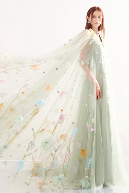 Kaia Trapezoid Cape Sleeved Polyester Maxi Dress