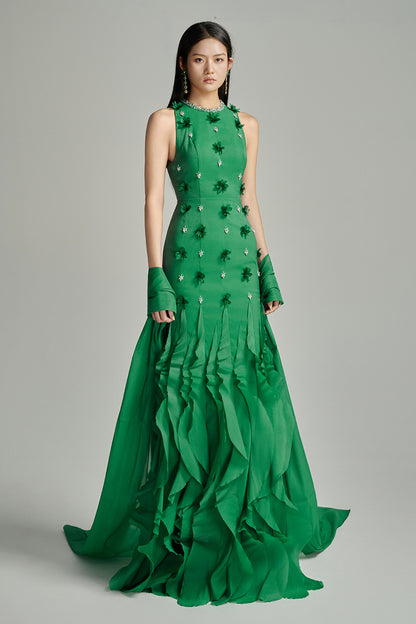 Potter Mermaid Jewel Neck Organza Floor Length Dress