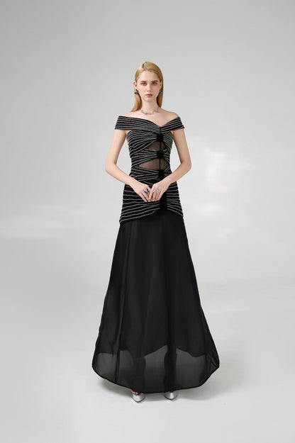 Hodges Drop Waist Off-Shoulder Organza Floor Length Dress