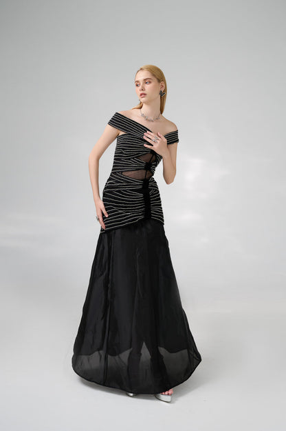Hodges Drop Waist Off-Shoulder Organza Floor Length Dress