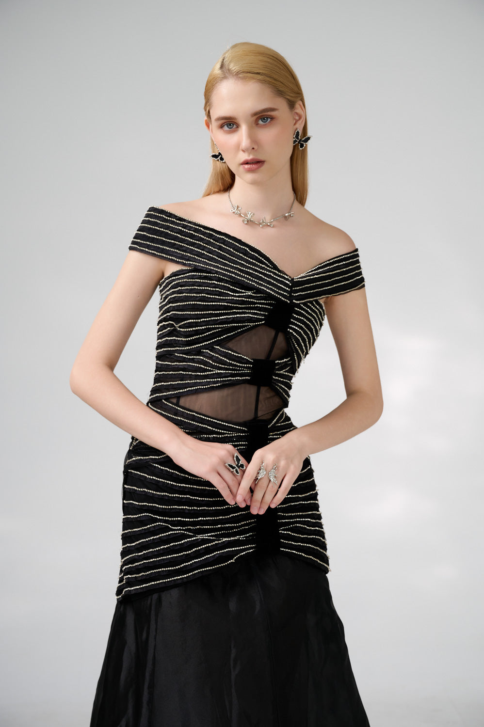 Hodges Drop Waist Off-Shoulder Organza Floor Length Dress