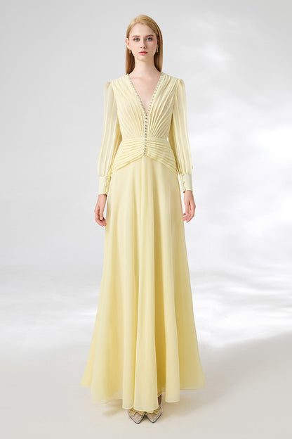 Khalil A-line Cuff Sleeved Chiffon Floor Length Dress