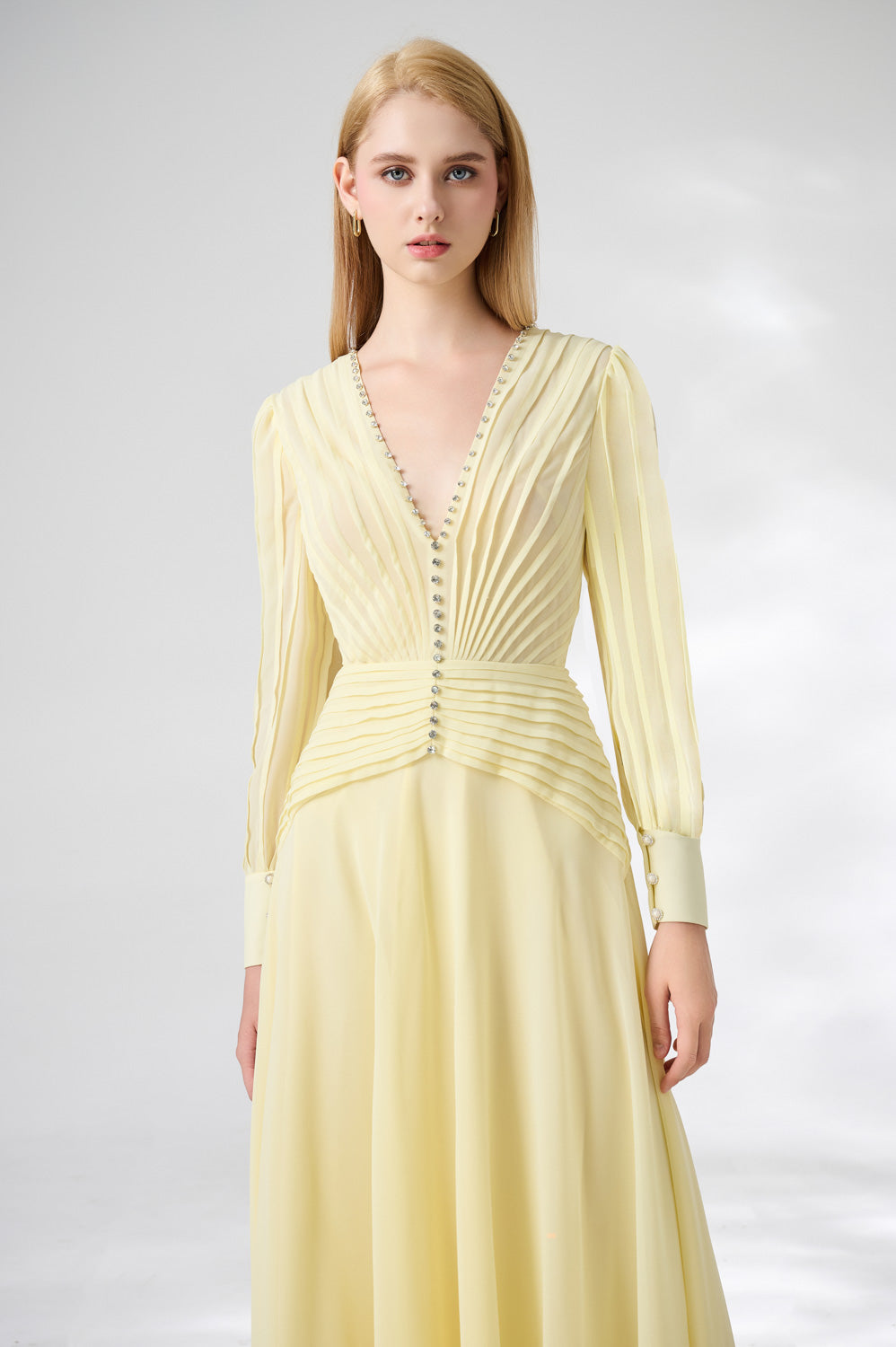 Khalil A-line Cuff Sleeved Chiffon Floor Length Dress