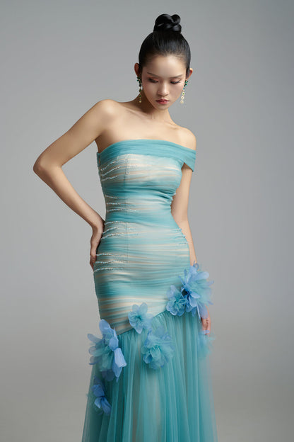 Meadow Drop Waist One Shoulder Organza Maxi Dress