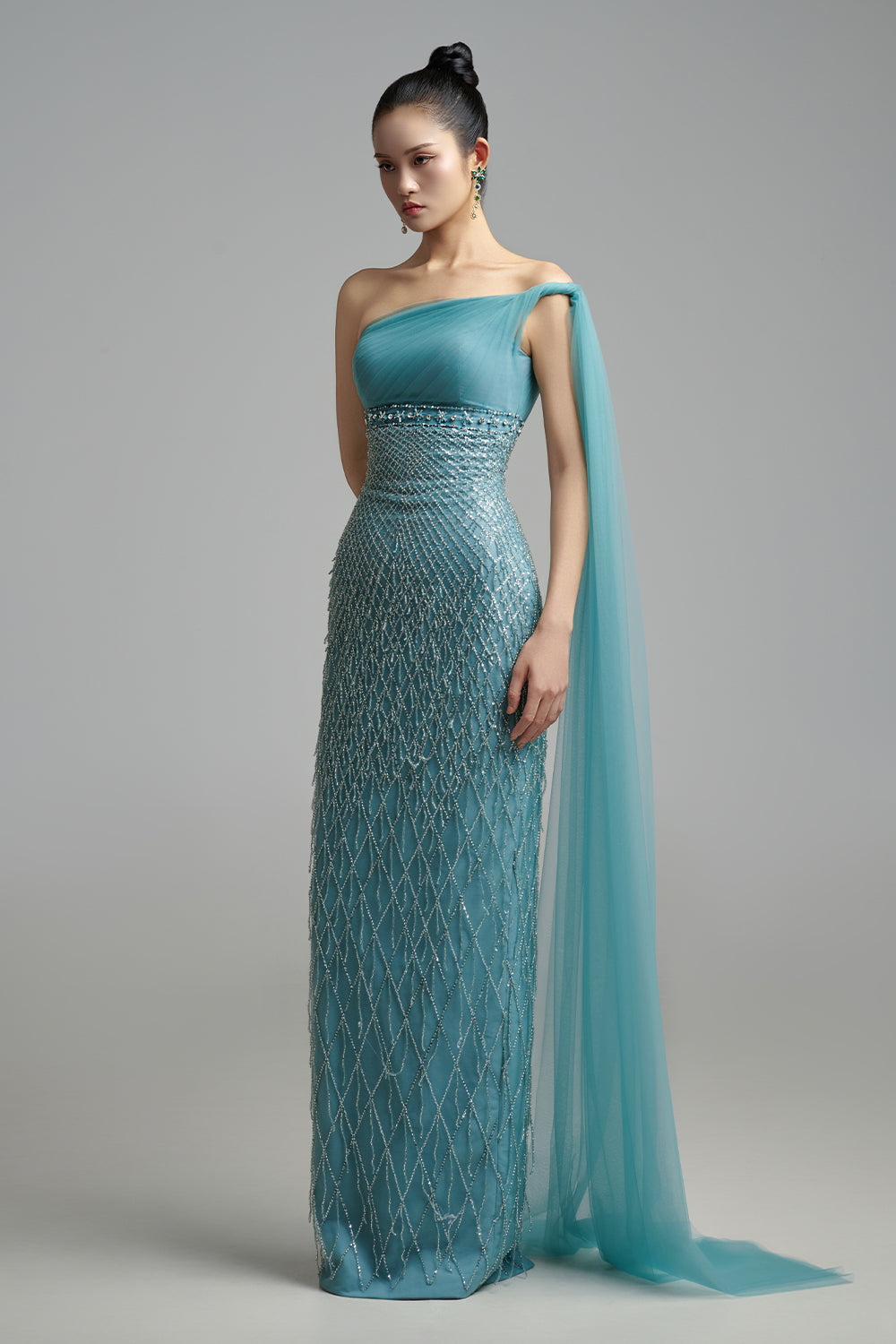 Allyson Pencil One Shoulder Organza Maxi Dress