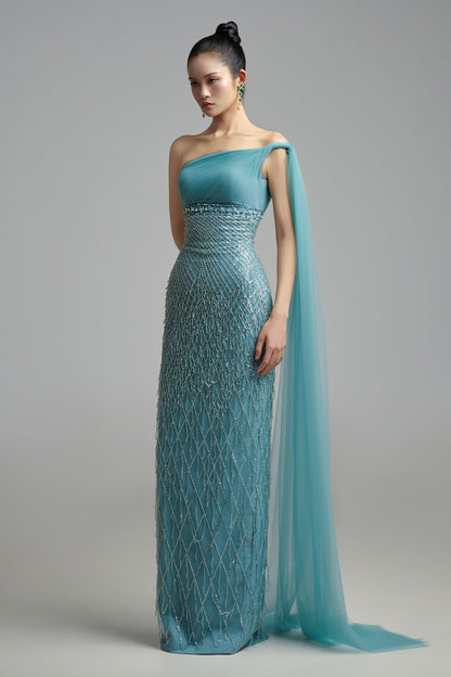 Allyson Pencil One Shoulder Organza Maxi Dress