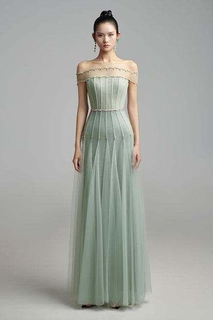 Jayleen Gored Off-Shoulder Organza Maxi Dress