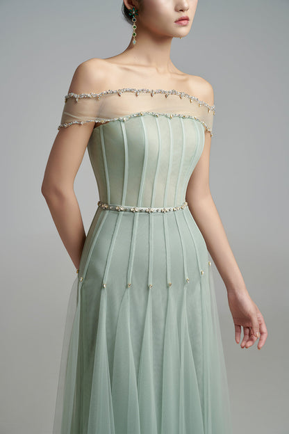 Jayleen Gored Off-Shoulder Organza Maxi Dress