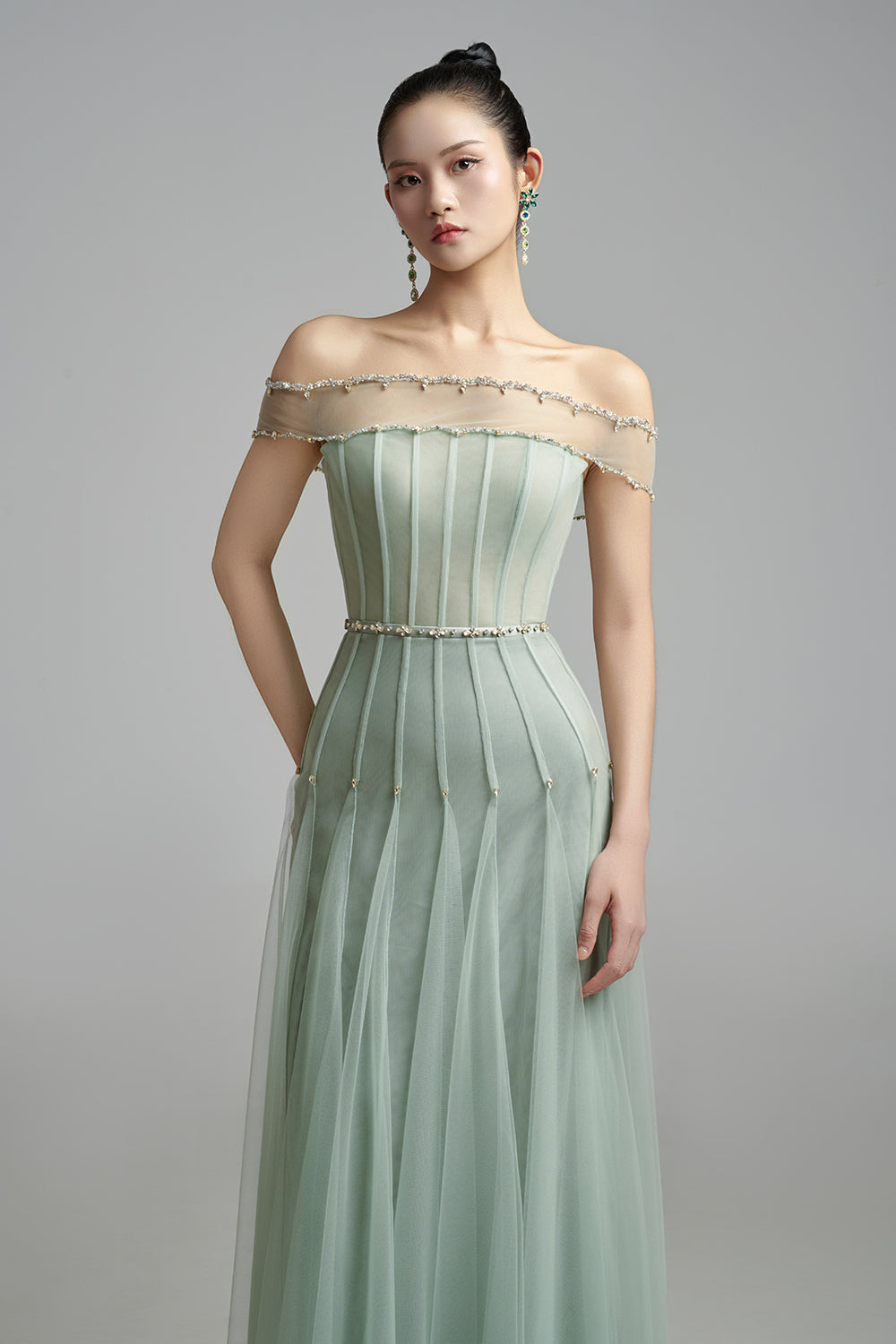 Jayleen Gored Off-Shoulder Organza Maxi Dress