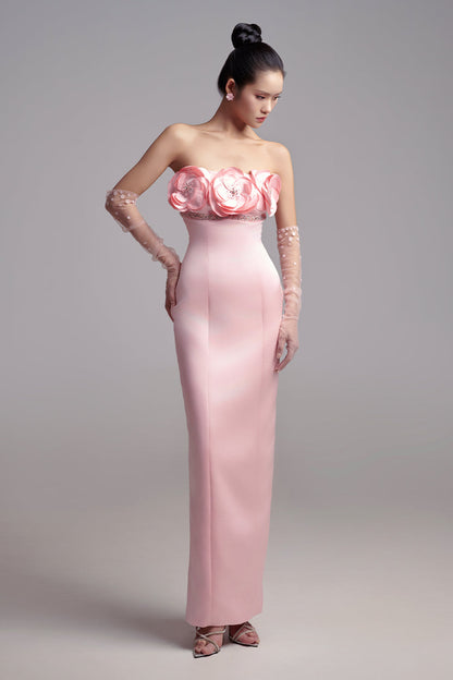 Alexia Sheath Flower Applique Taffeta Maxi Dress