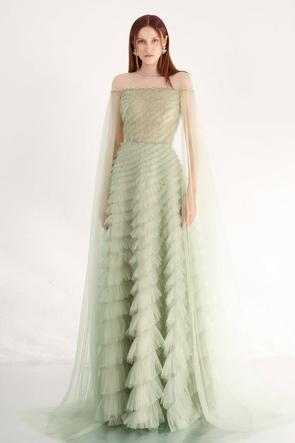 Blakely Ball Gown Cape Sleeved Organza Maxi Dress