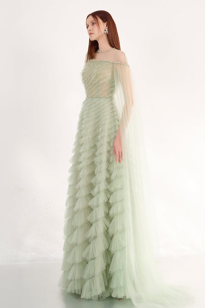 Blakely Ball Gown Cape Sleeved Organza Maxi Dress