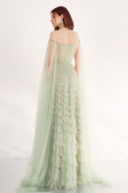 Blakely Ball Gown Cape Sleeved Organza Maxi Dress