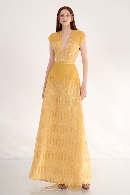 Rylee A-line Plunge Neck Polyester Maxi Dress