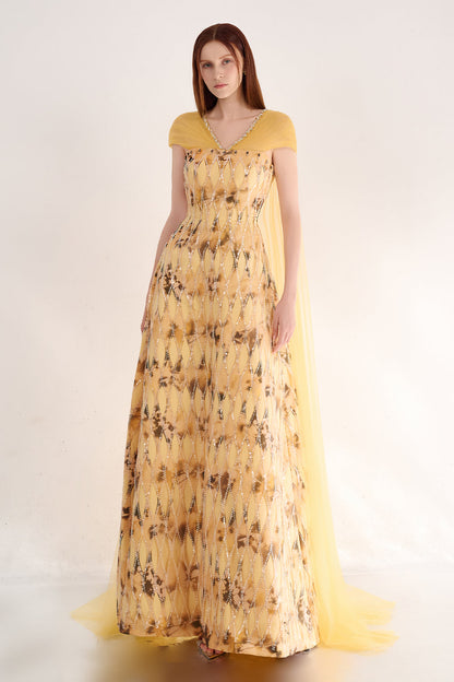 Annalise Ball Gown Cape Sleeved Polyester Maxi Dress