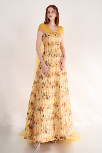 Annalise Ball Gown Cape Sleeved Polyester Maxi Dress