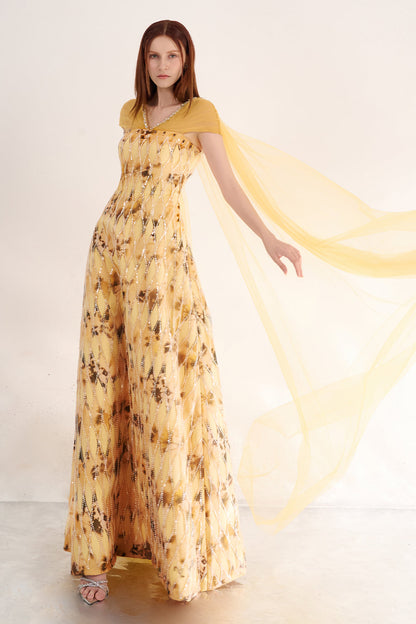 Annalise Ball Gown Cape Sleeved Polyester Maxi Dress