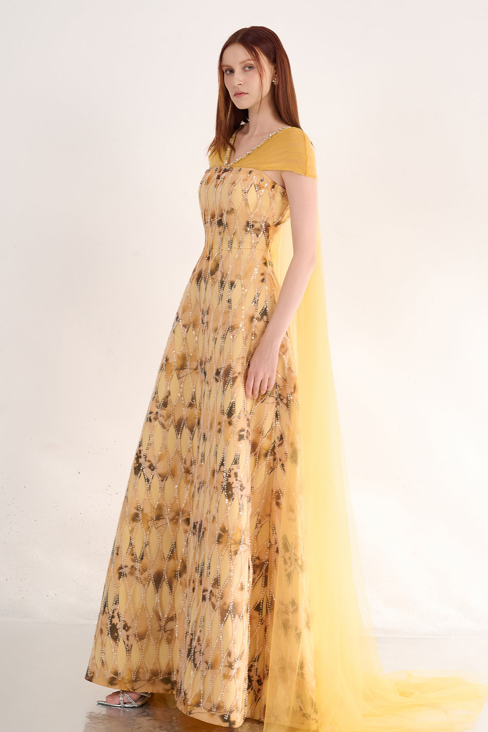 Annalise Ball Gown Cape Sleeved Polyester Maxi Dress