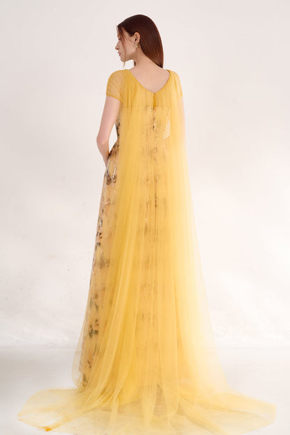 Annalise Ball Gown Cape Sleeved Polyester Maxi Dress