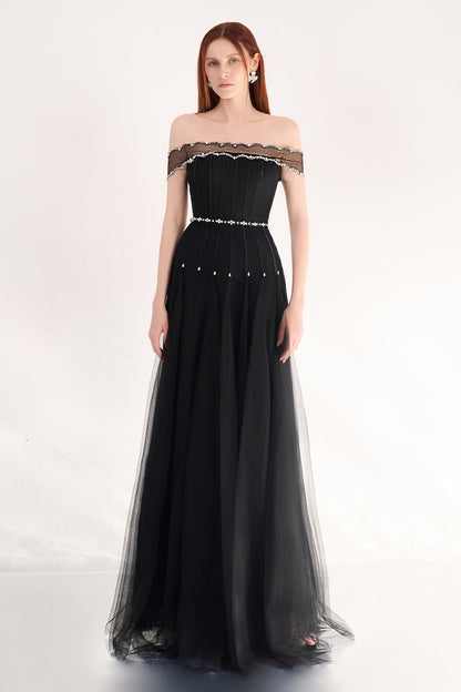 Jayleen Gored Off-Shoulder Organza Maxi Dress