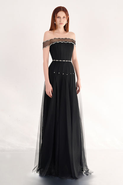 Jayleen Gored Off-Shoulder Organza Maxi Dress
