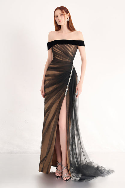 Hazel Slit Off-Shoulder Organza Maxi Dress