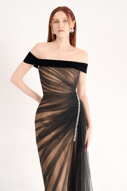 Hazel Slit Off-Shoulder Organza Maxi Dress