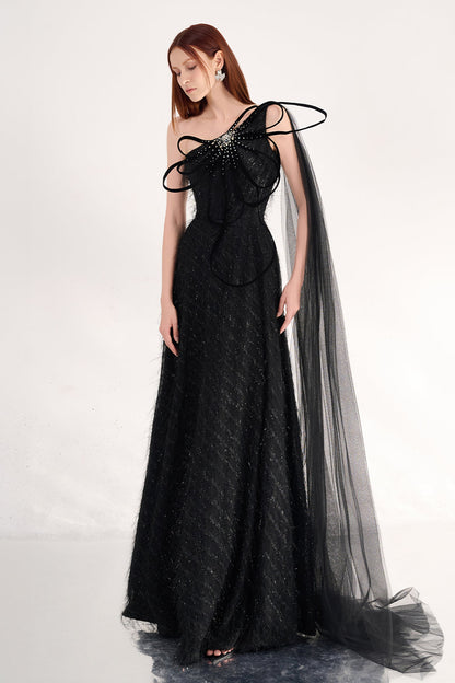 Delaney A-line One Shoulder Organza Maxi Dress