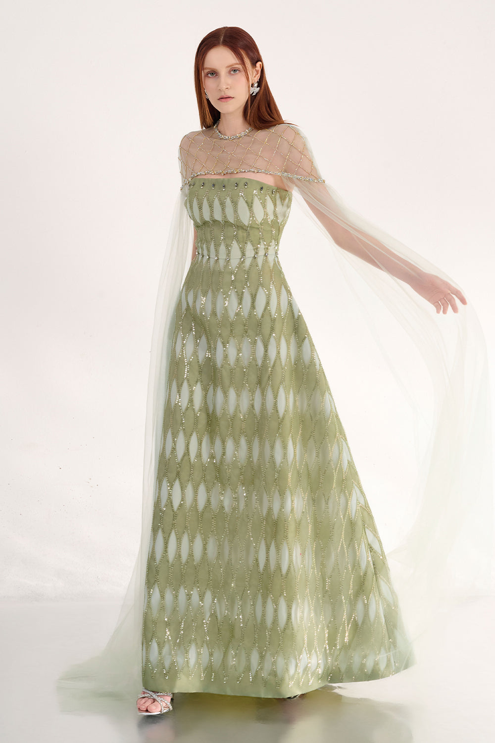 Monica A-line Cape Shoulder Mesh Maxi Set