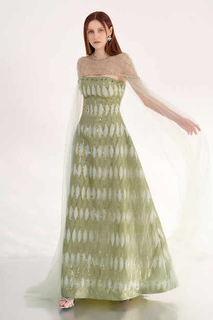 Monica A-line Cape Shoulder Mesh Maxi Set